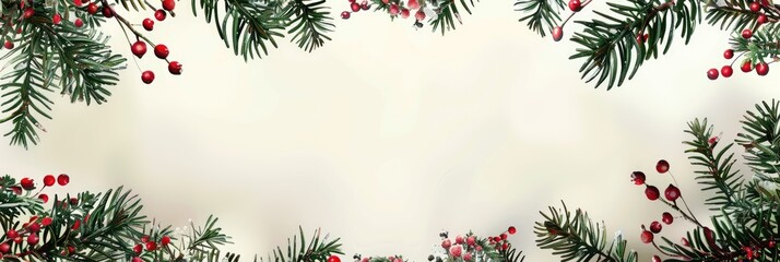 A Christmas banner with a lush border of pine branches and red berries along the top and bottom, leaving a large copy space in the center for a holiday greeting or message