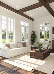 Fototapeta premium Modern Living Room Interior Design With White Sofa And Wooden Coffee Table