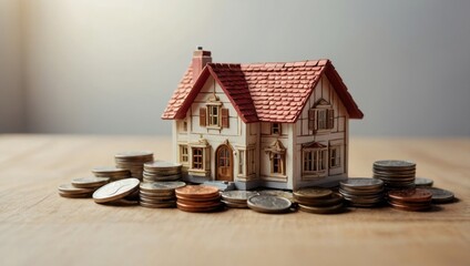 A view of a toy house and a toy car against a light background, with coins lying next to them.