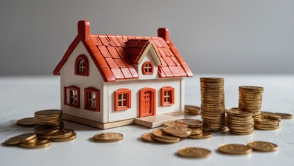 A view of a toy house and a toy car against a light background, with coins lying next to them.
