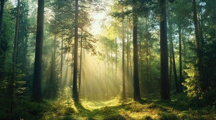 A forest scene dominated by pine and spruce trees, with sunlight filtering through the branches