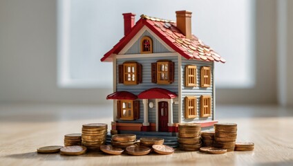 A view of a toy house and a toy car against a light background, with coins lying next to them.