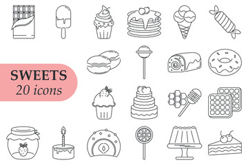 A set of linear icons. A set of different sweets. Vector.