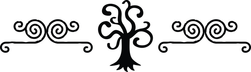 Seamless Celtic Spiral Line and Tree Silhouette Border