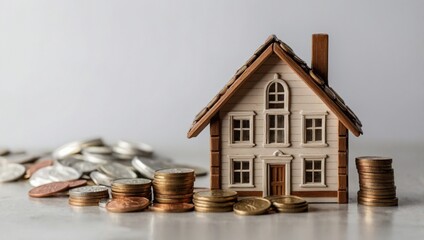 A view of a toy house and a toy car against a light background, with coins lying next to them.