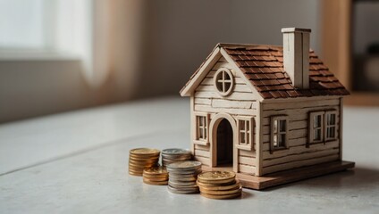 A view of a toy house and a toy car against a light background, with coins lying next to them.