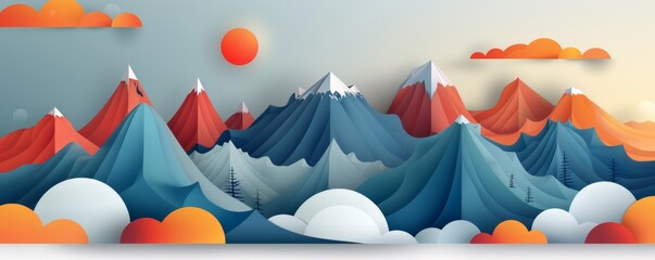 Colorful geometric mountains and sun illustration with clouds and trees