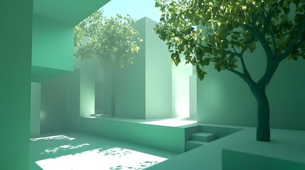 Obraz premium Minimalist 3D Render Of Green Trees In A Modern Architecture Courtyard