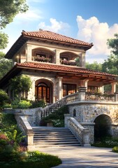 Obraz premium Stone House With Red Tile Roof and Balcony