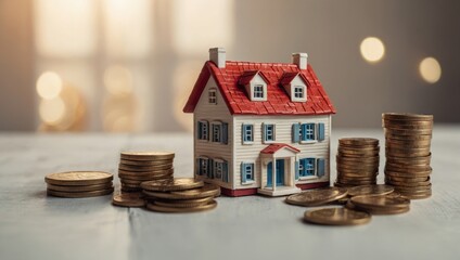 A view of a toy house and a toy car against a light background, with coins lying next to them.