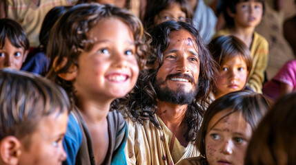 Fototapeta premium Close-up of Jesus teaching a group of children, their eyes wide with wonder as they listen intently to his words