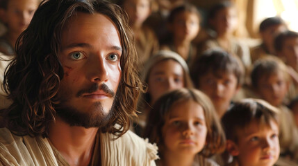 Fototapeta premium Close-up of Jesus teaching a group of children, their eyes wide with wonder as they listen intently to his words
