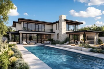 Fototapeta premium Modern House with Swimming Pool and Landscaping