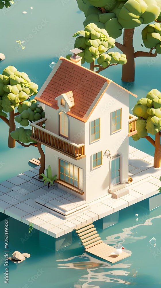 Wall mural cartoon illustration of a white house on the water with trees