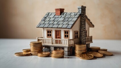 A view of a toy house and a toy car against a light background, with coins lying next to them.