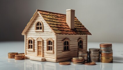 A view of a toy house and a toy car against a light background, with coins lying next to them.