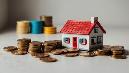 A view of a toy house and a toy car against a light background, with coins lying next to them.