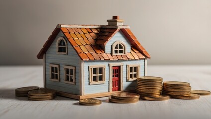 A view of a toy house and a toy car against a light background, with coins lying next to them.