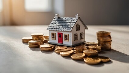 A view of a toy house and a toy car against a light background, with coins lying next to them.