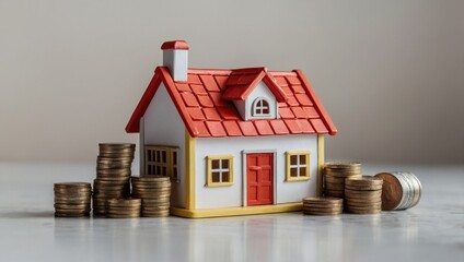 A view of a toy house and a toy car against a light background, with coins lying next to them.
