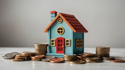 A view of a toy house and a toy car against a light background, with coins lying next to them.