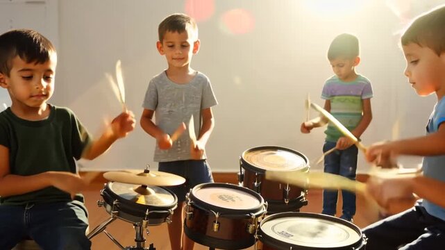 Little Kids Playing Drums Together in a Bright Music Room Generative AI