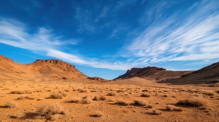 Fototapeta premium Vast Desert Expanse, a sweeping view of golden sands under a brilliant blue sky adorned with fluffy white clouds, capturing the serene beauty of arid wilderness.