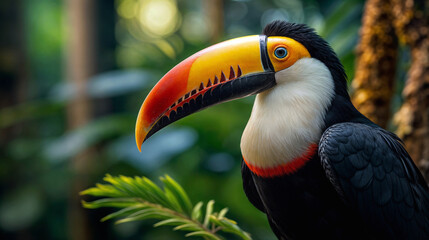 Naklejka premium Vibrant toucan with colorful beak perched in lush rainforest, close-up portrait showcasing exotic bird's striking features and tropical habitat