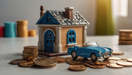 A view of a toy house and a toy car against a light background, with coins lying next to them.