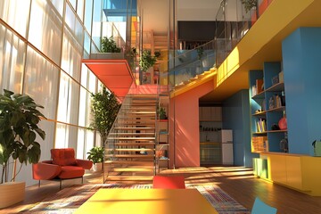 Fototapeta premium Modern Interior Design with Colorful Walls and a Glass Staircase