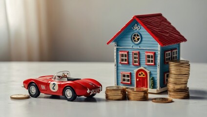 A view of a toy house and a toy car against a light background, with coins lying next to them.