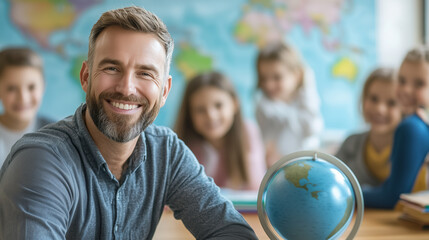 Smiling male teacher with globe in classroom surrounded by happy students, celebrating world teachers' day and inspiring young learners.