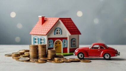 A view of a toy house and a toy car against a light background, with coins lying next to them.