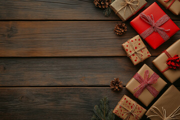 Fototapeta premium Rustic wooden background with neatly wrapped gifts and pinecones arranged on one side, creating a warm and cozy holiday scene. Ideal for Christmas or winter-themed designs with space for text.