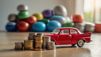 A view of a toy house and a toy car against a light background, with coins lying next to them.
