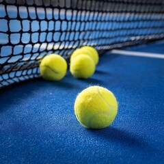yellow Padel tennis balls on the blue court surface near the net with a focus on the ball and the surrounding