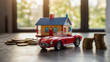 A view of a toy house and a toy car against a light background, with coins lying next to them.