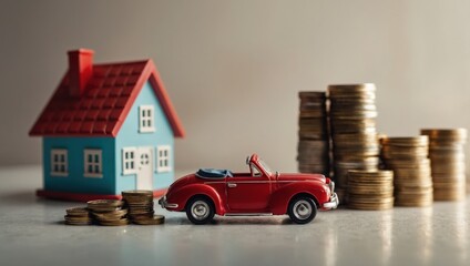 A view of a toy house and a toy car against a light background, with coins lying next to them.