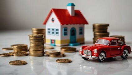 A view of a toy house and a toy car against a light background, with coins lying next to them.