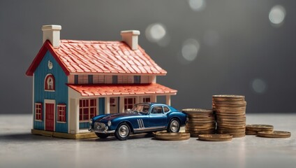 A view of a toy house and a toy car against a light background, with coins lying next to them.