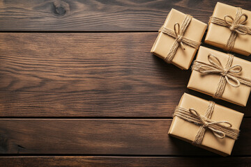 Fototapeta premium Four small brown gift boxes tied with twine on a wooden surface, conveying simplicity, handmade charm, and a rustic style, ideal for holiday or special occasion gift-giving.