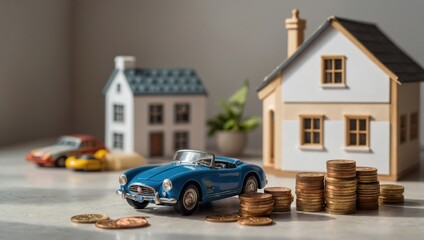 A view of a toy house and a toy car against a light background, with coins lying next to them.