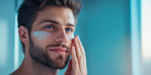 Man applying skincare cream under his eyes while looking in the mirror in a bright, modern bathroom
