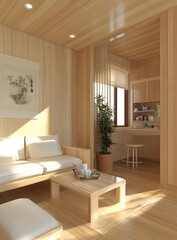 Minimalist Living Room with Wooden Walls and a Sofa