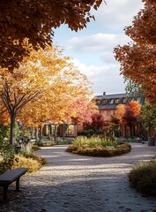 Naklejka premium Autumn Foliage Pathway with Brick Building in Background