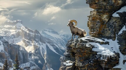 Bighorn sheep atop a snow capped peak a bighorn sheep sits on a jagged cliff