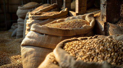 Various grain bags are stacked neatly in warehouse for storage and supply purposes