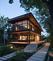 Modern House with Large Windows and Wooden Deck