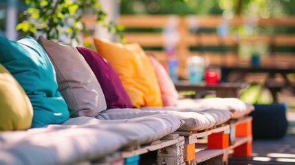 Obraz premium Patio outdoor deck with colorful pillow on chair decoration exterior of home.