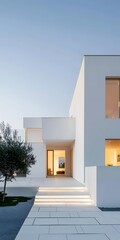 Modern Minimalist White House with Steps and Greenery